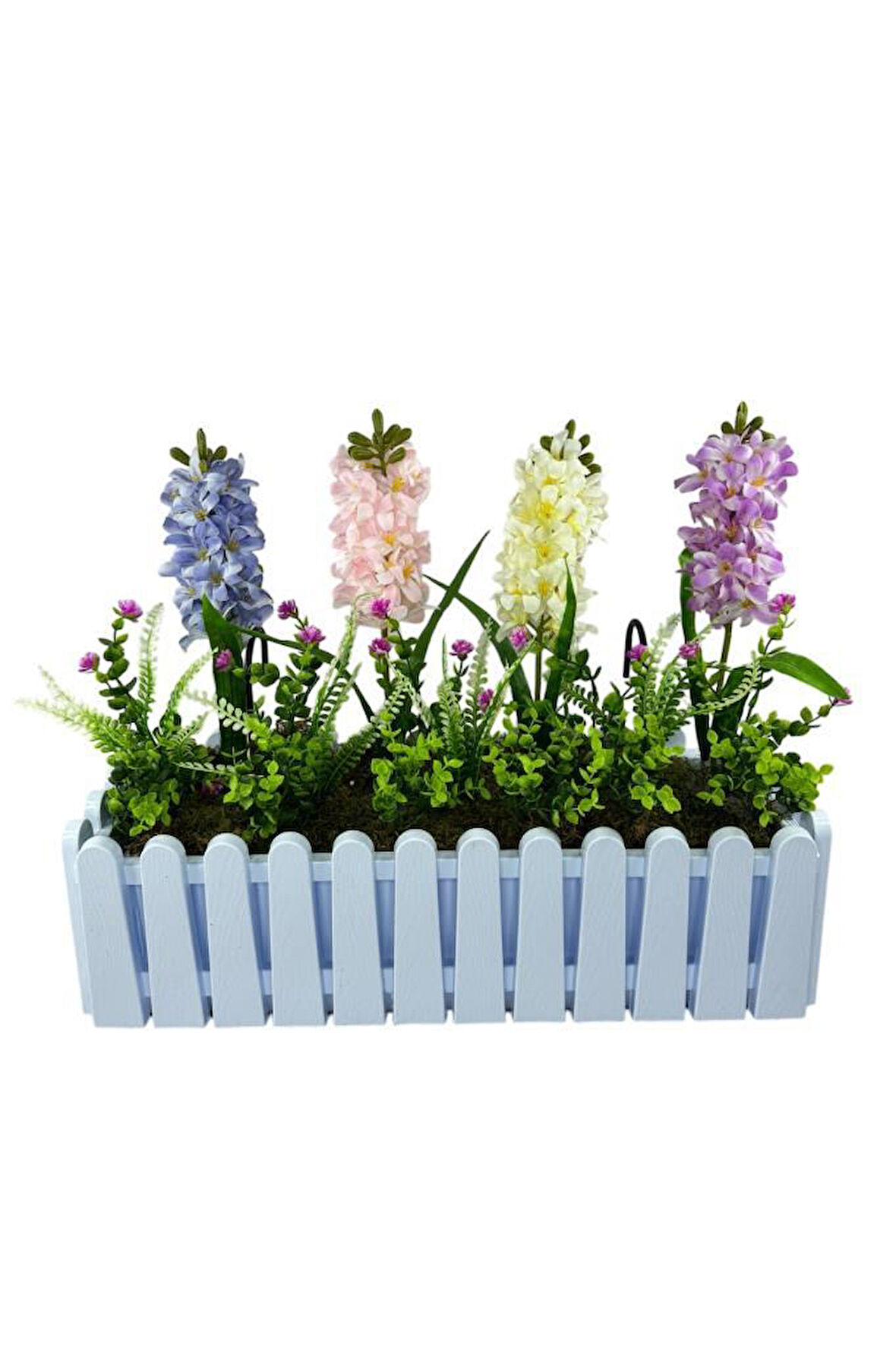 Yapay Çiçek Renkli Sümbül Çiçekleri Beyaz Çit Saksıda Küpeşte Askılı Balkon Çiçeği Çiçek Sepeti