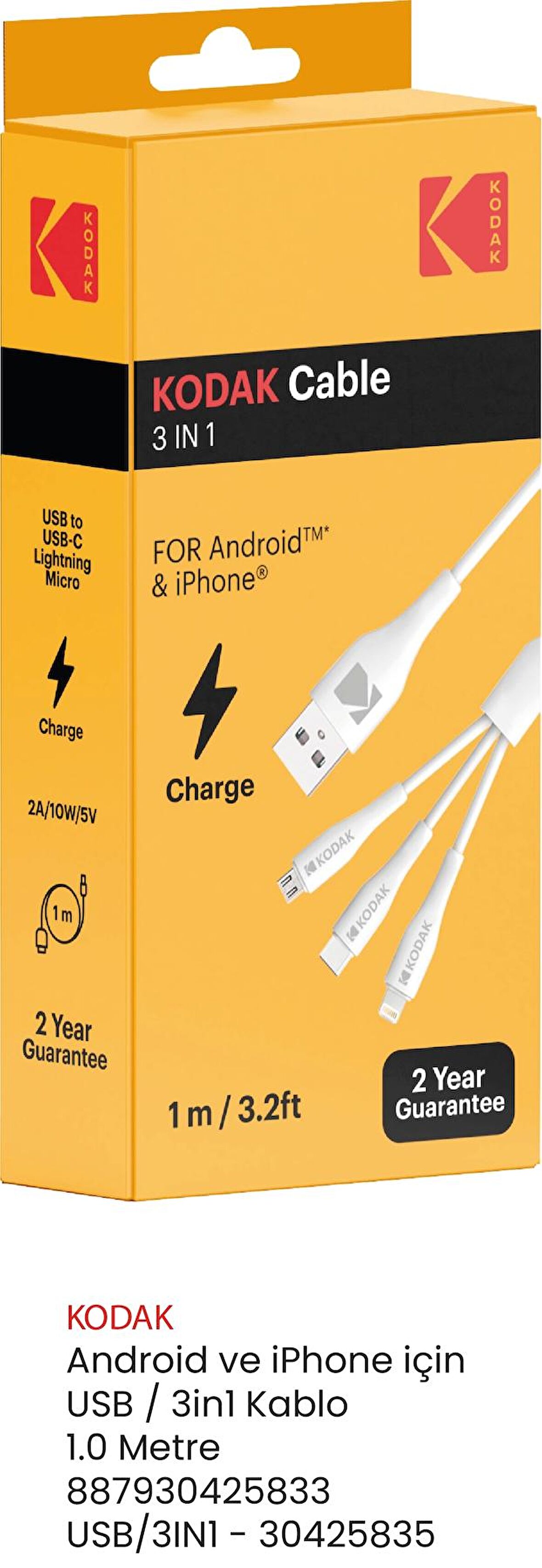 KODAK ANDROID VE IPHONE IÇIN USB/3IN1 KABLO 1.0 M