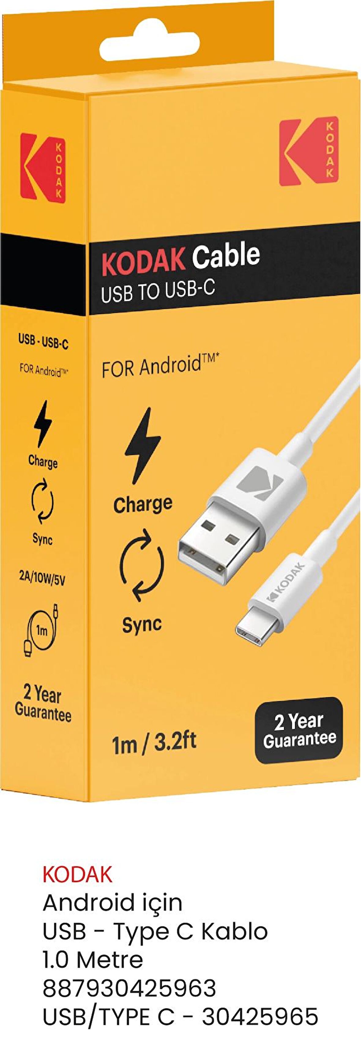 KODAK ANDROID IÇIN USB TYPE C KABLO 1.0 METRE