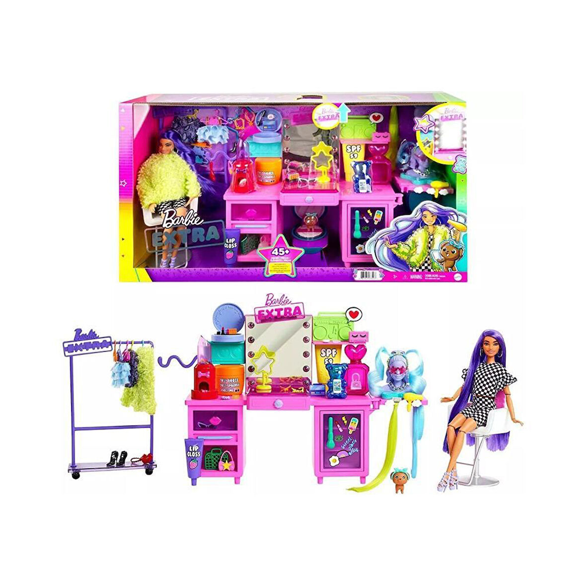 Barbie Extra Güzellik Seti GYJ70 1 Barbie +45 parça 