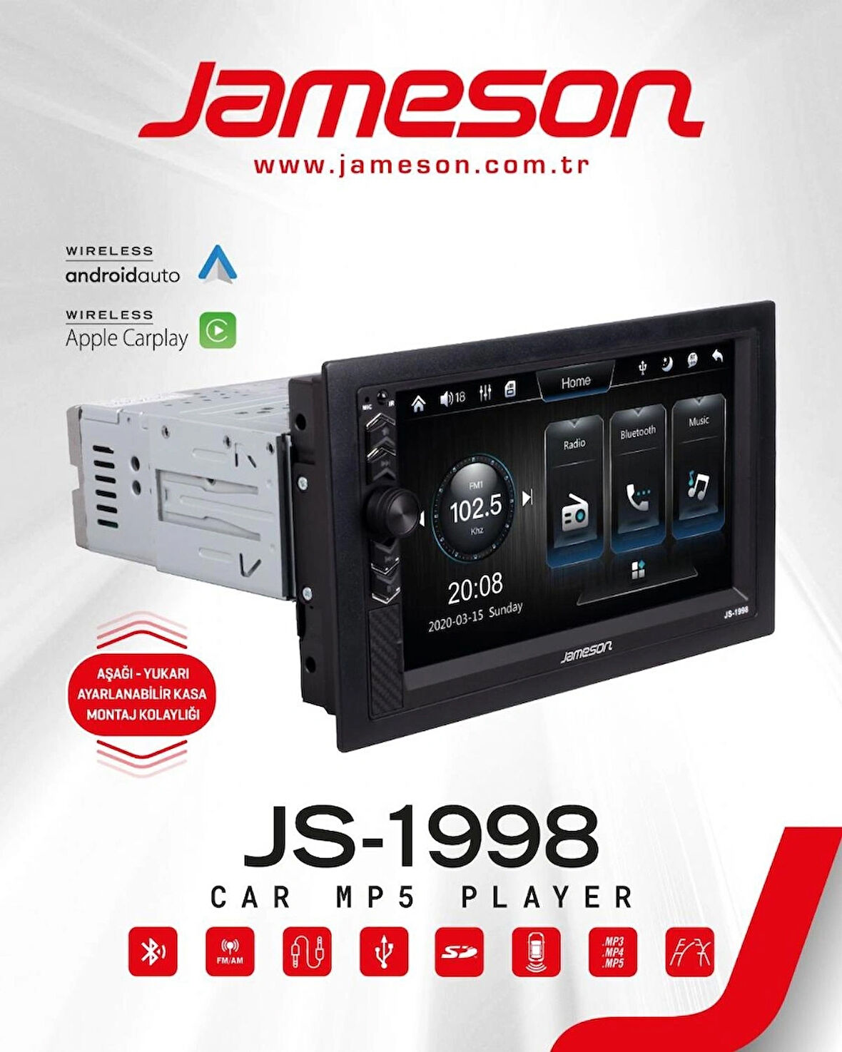 jameson js-1998-7'' tek din-KABLOSUZ CARPLAY-AYARLANABİLİR-BT-USB-FM-MP3-ARKASI KISA-DABIL TEYP-KAMERA HEDİYELİ