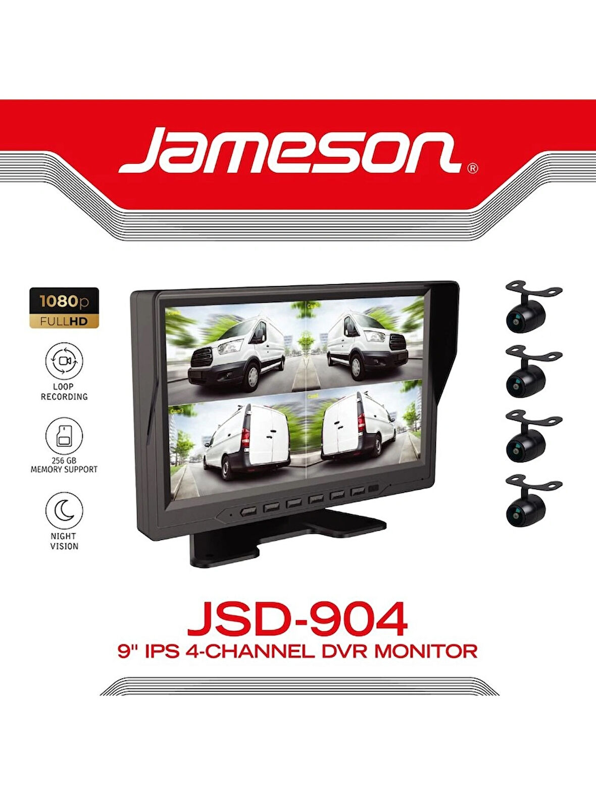JAMESON JSD-904-9''-IPS 1024x600px-AHD KAMERA-4 KANAL-4 KAMERALI KAYITLI MONİTOR SETİ
