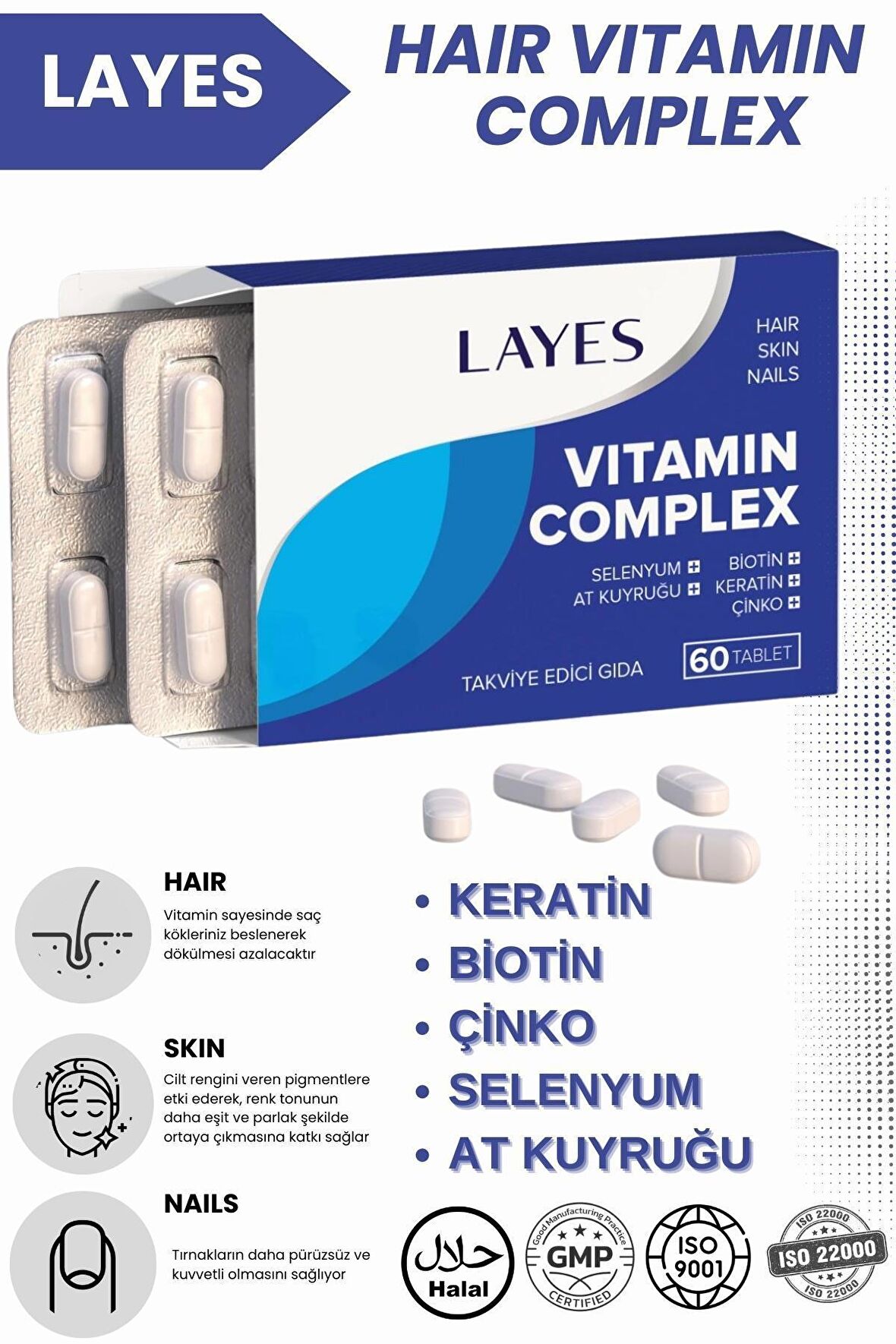 Hair Vitamin Complex 60 Tablet Biotin Keratin Çinko D3 At Kuyruğu Selenyum Folik Asit Saç Vitamini