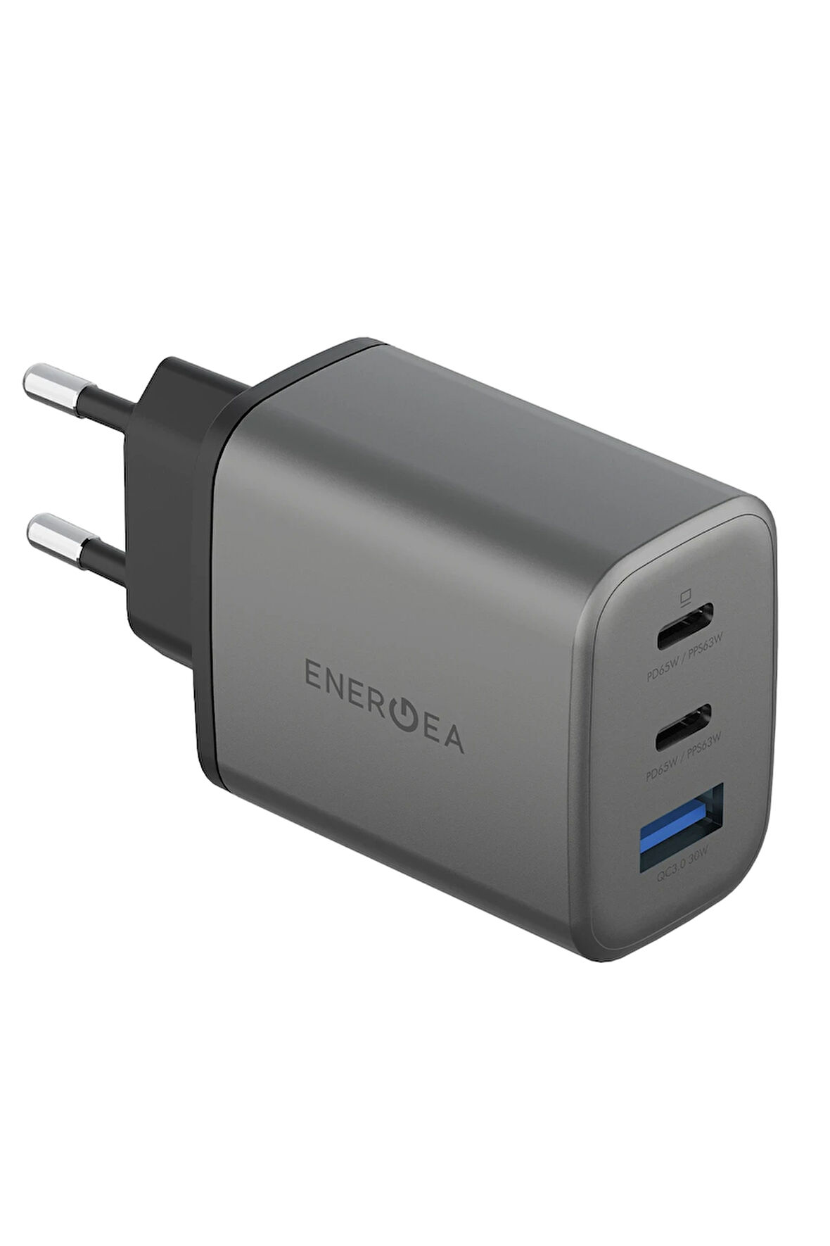 AmpCharge GaN65 2 Adet 65W Type-C ve 30W USB 3.0 Çıkışlı Hızlı Şarj Aleti - Koyu Gri
