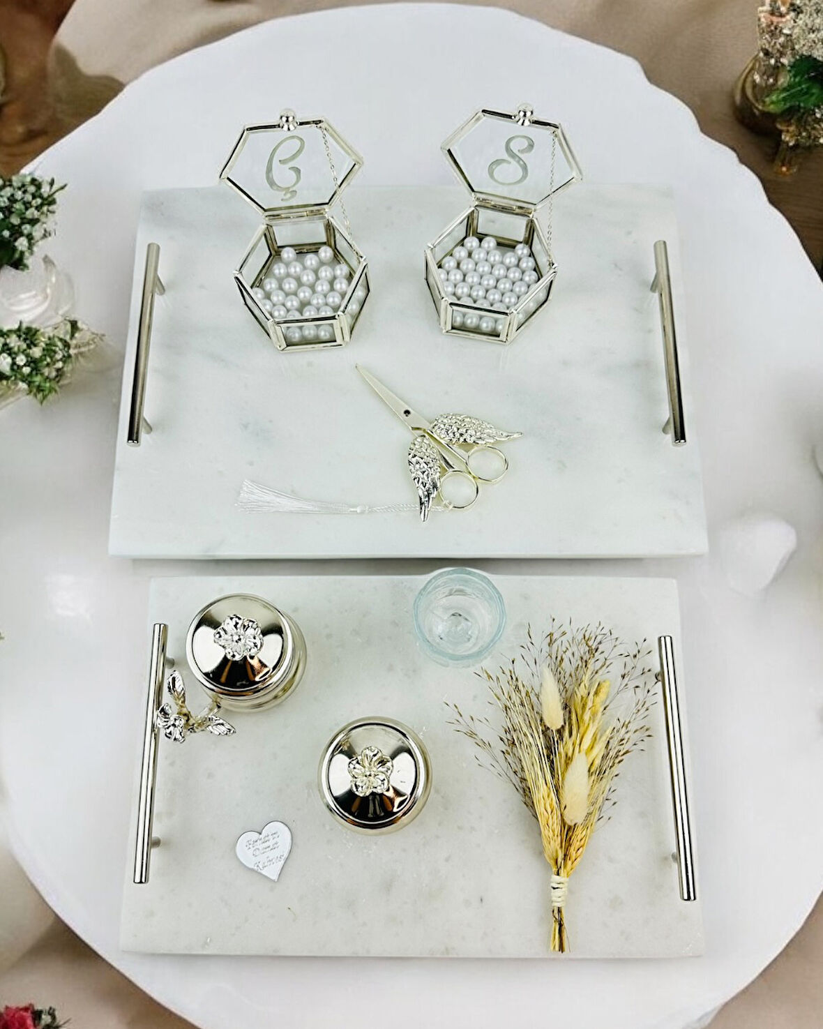 Gümüş Mermer Söz Tepsisi ve Damat Kahve Fincan Tepsisi