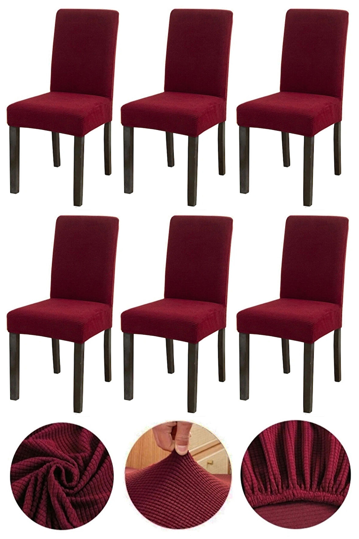 Bambu Nano Kumaş Likralı Yıkanabilir 6'lı Sandalye Kılıfı Lastikli Sandalye Örtüsü (6ADET) - BORDO 