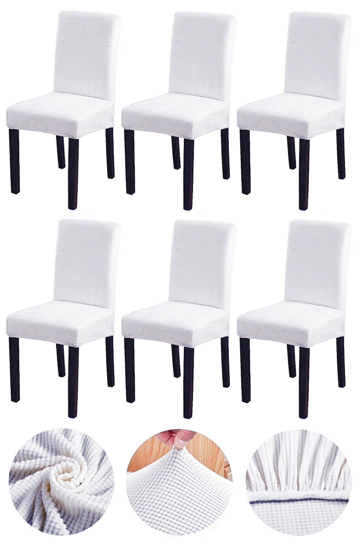 Bambu Nano Kumaş Likralı Yıkanabilir 6'lı Sandalye Kılıfı Lastikli Sandalye Örtüsü (6ADET) - BEYAZ 