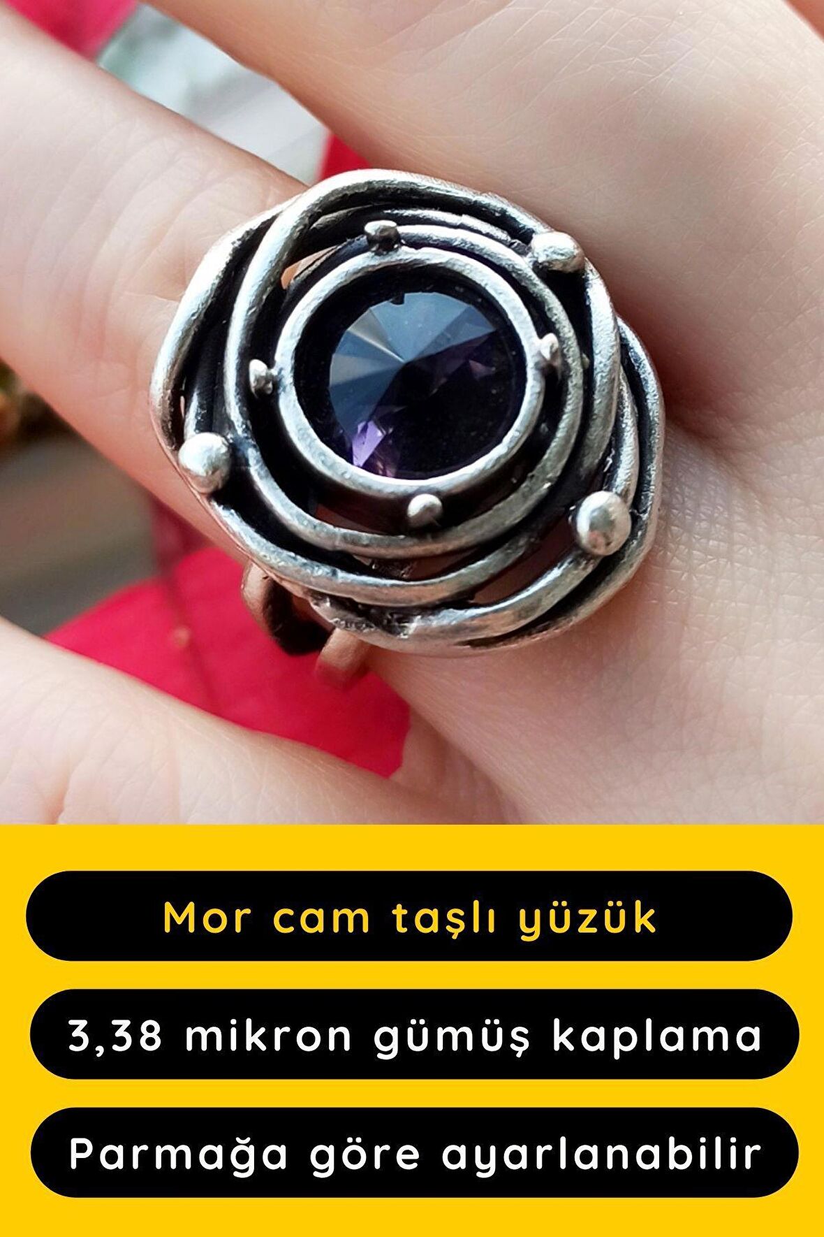 Özel Şekilli Mor Cam Taşlı Kadın Yüzük Gümüş Kaplama Ayarlanabilir El Yapımı Yüzük