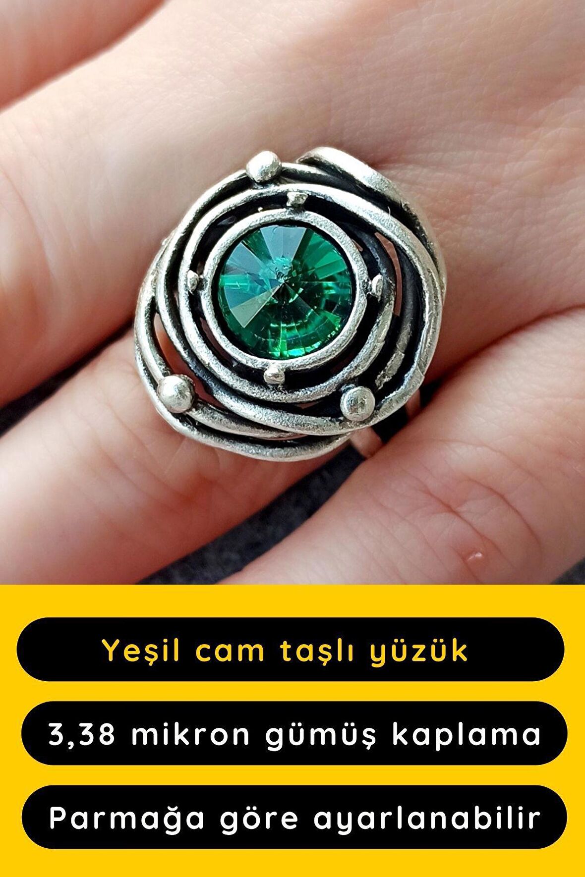 Özel Şekilli Yeşil Cam Taşlı Kadın Yüzük Gümüş Kaplama Ayarlanabilir El Yapımı Yüzük