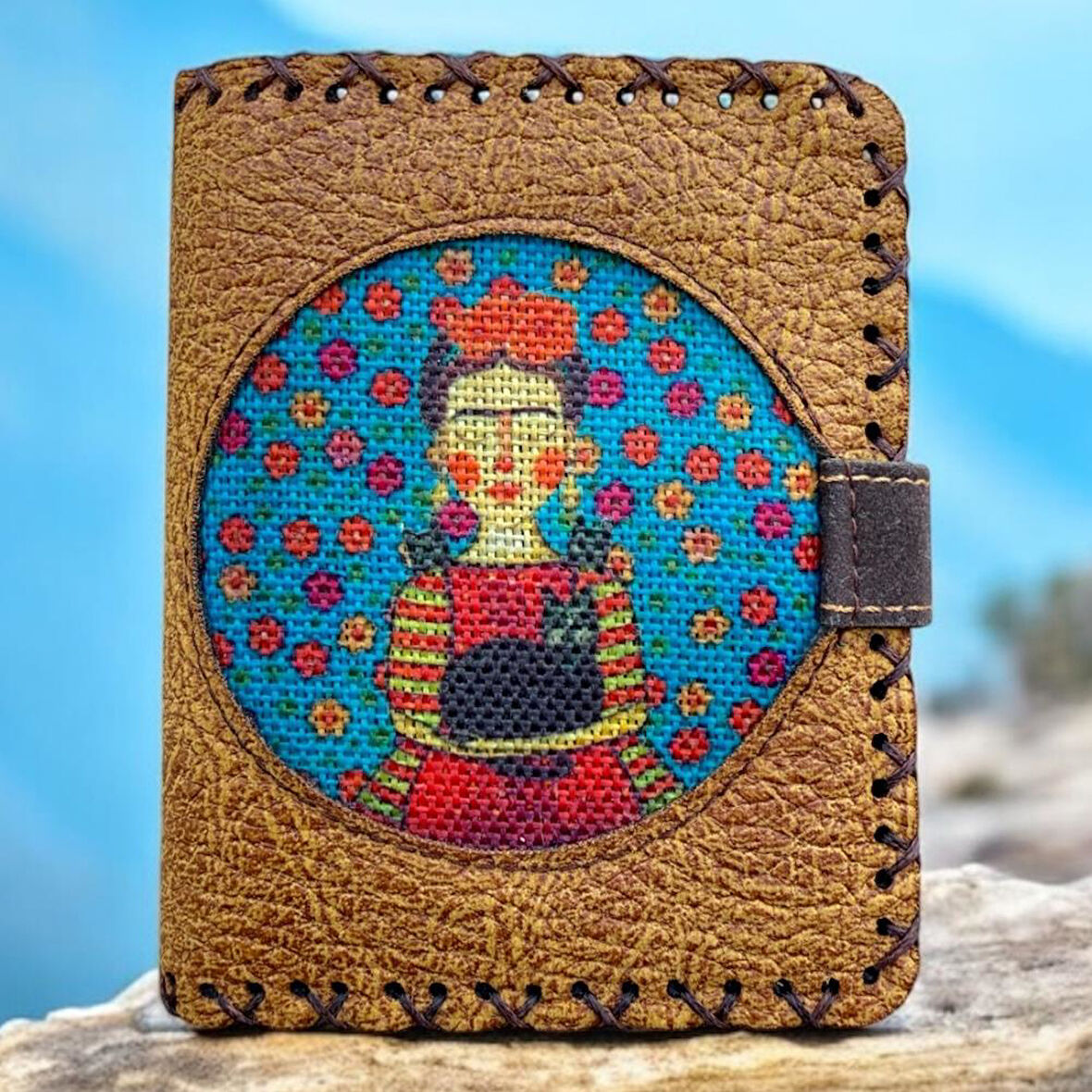 El Yapımı Kadın Cüzdan Vegan Deri Frida Kahlo Görselli Hardal Renk