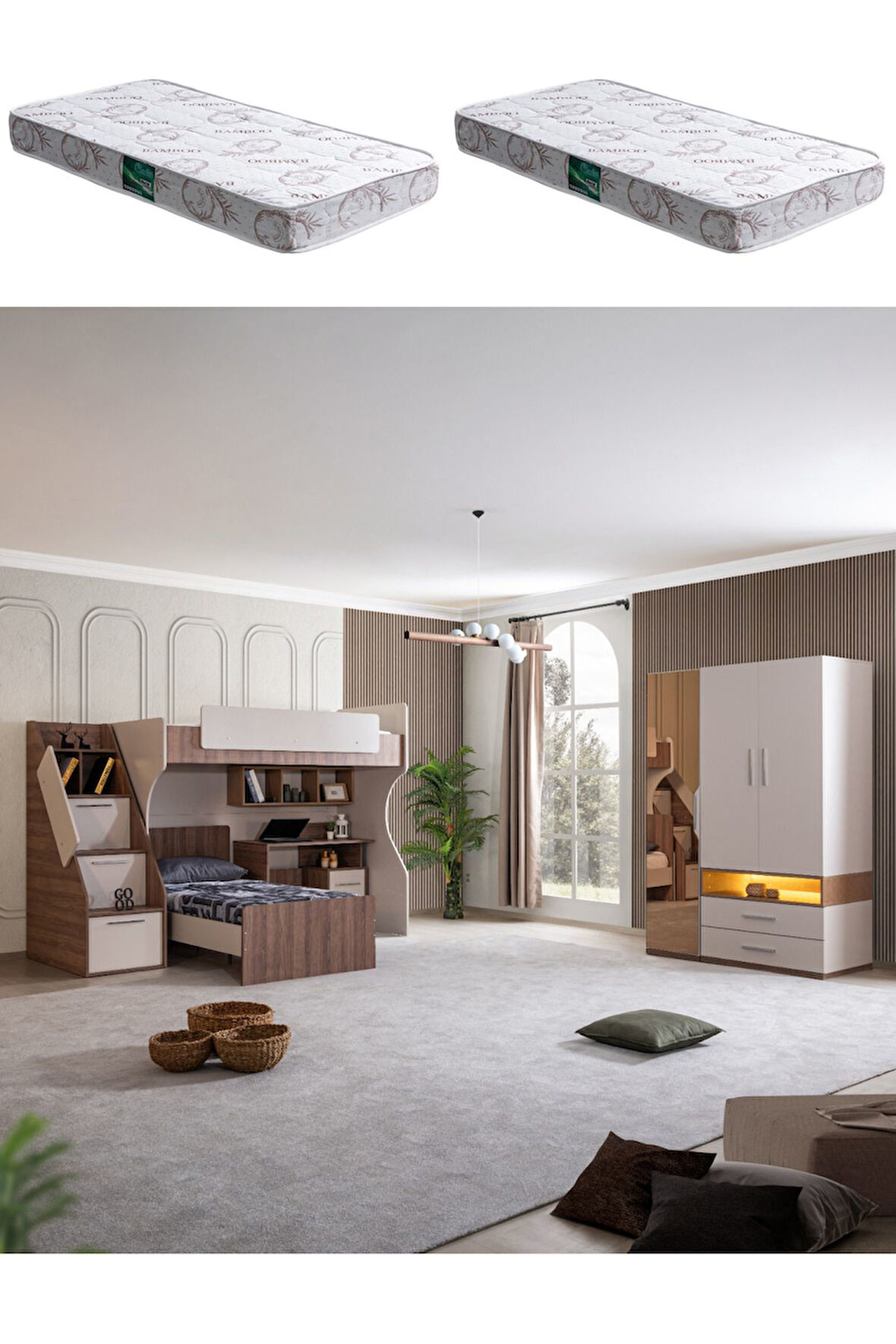 Ranza, Milano Genç Odası Takımı Çalışma Masalı Ranza 3 Kapaklı Dolap 2 Adet Comfort Yatak