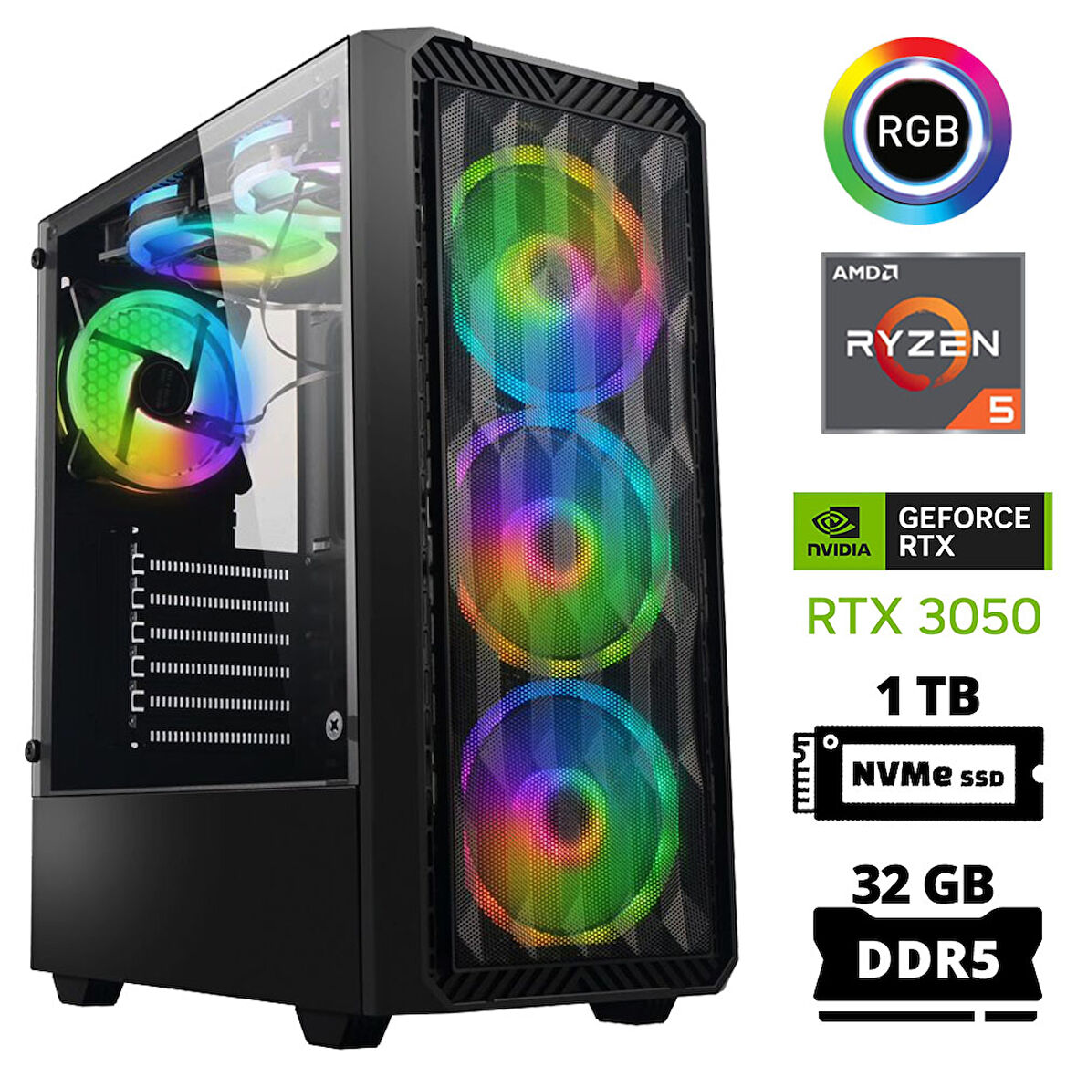 Xaser Delux X68 Ryzen 5 7600 32GB DDR5 Ram 1TB M.2 NVMe SSD 6GB RTX3050 Masaüstü Oyuncu Bilgisayarı