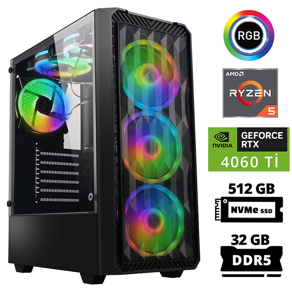 Xaser Delux X73 Ryzen 5 7600 32GB DDR5 Ram 512GB M.2 NVMe SSD 8GB RTX4060 Ti Masaüstü Oyuncu Bilgisayarı