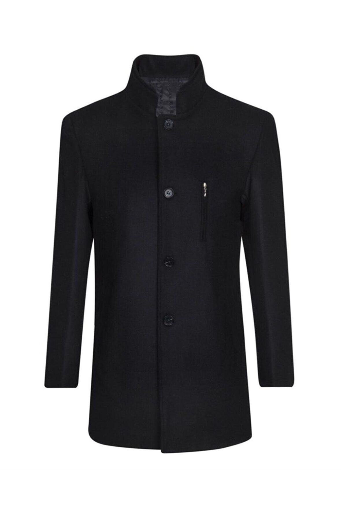 Yün Karışımlı Düz Siyah Erkek Kaban