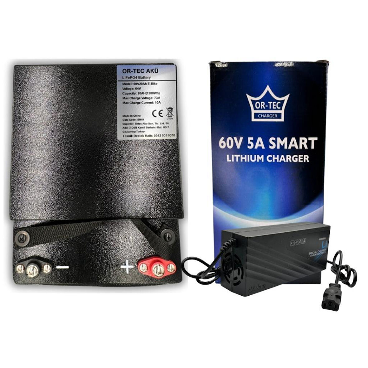 Ortec 60V 20AH LiFePO4 Elektrikli Motosiklet Aküsü - 60V 5A Lityum Şarj Aleti Seti