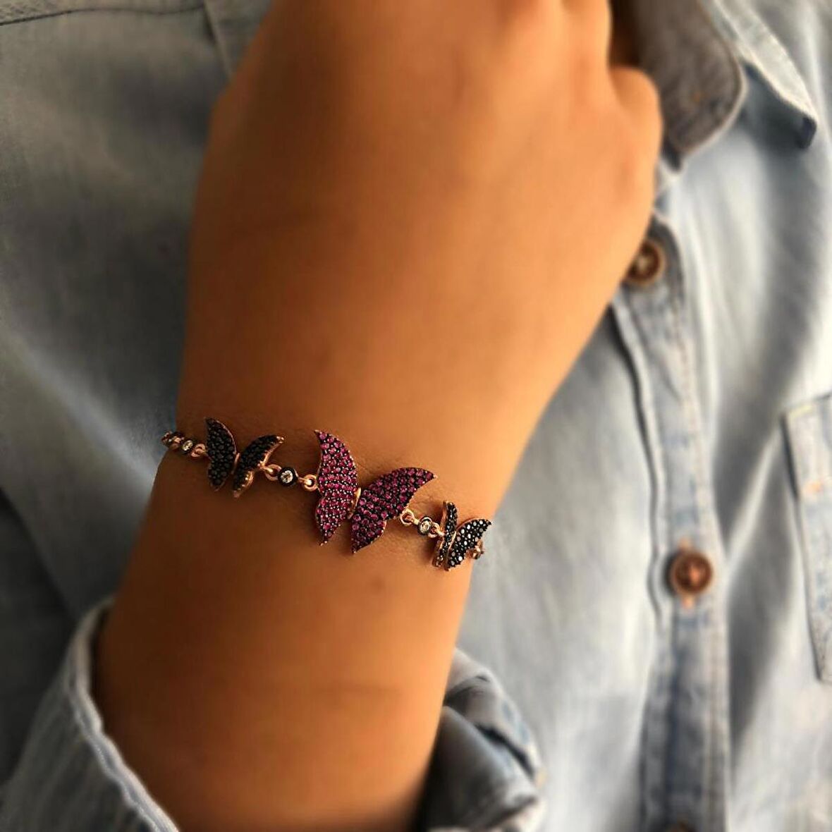 Rose Kaplama Güzel Kelebek Motif Gümüş Bileklik