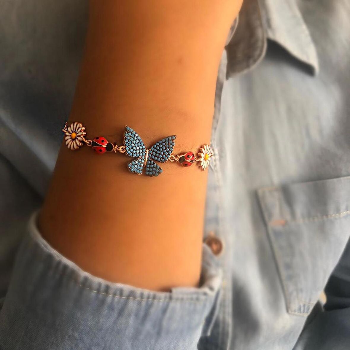 Rose Kaplama Kelebek Çiçek Motifi Gümüş Bileklik