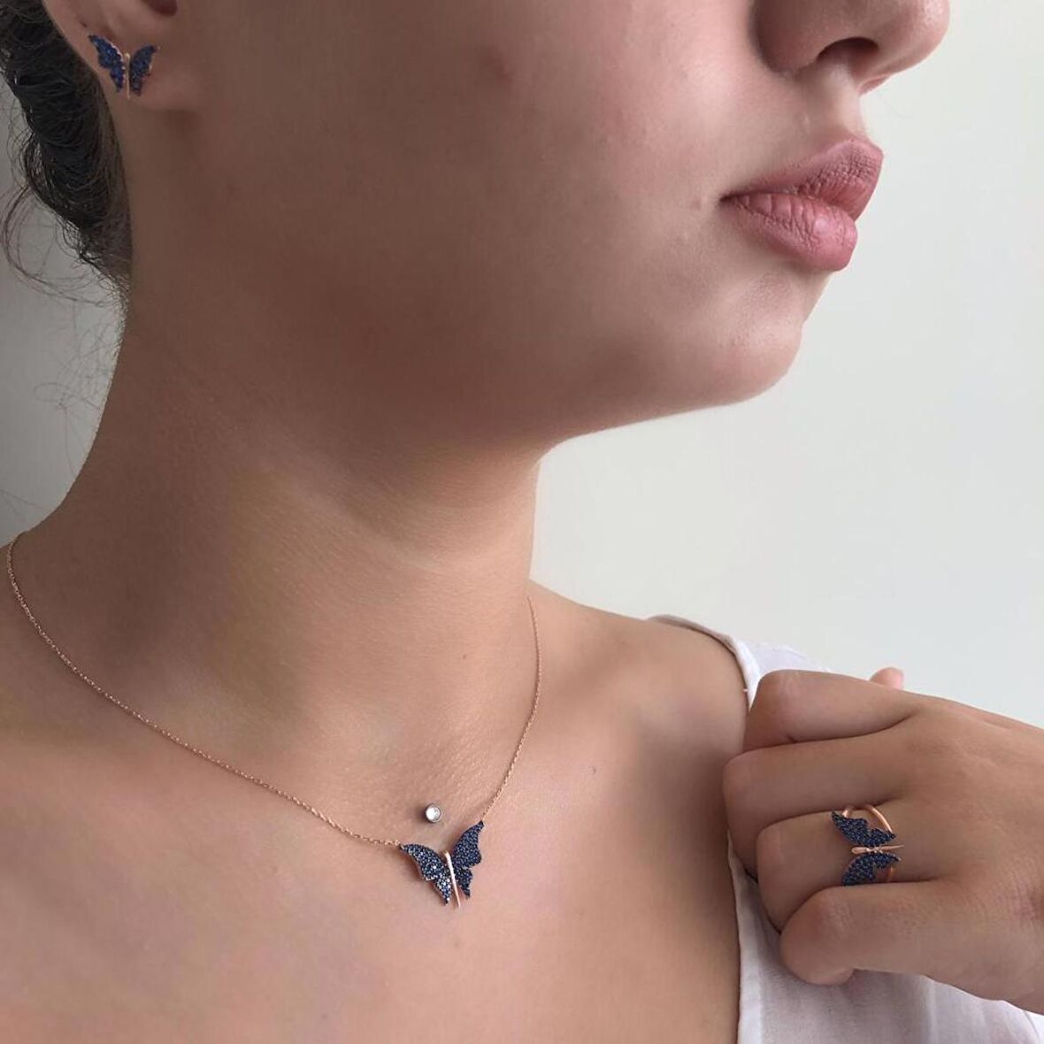 Rose Kaplama Mavi Kelebek Gümüş set