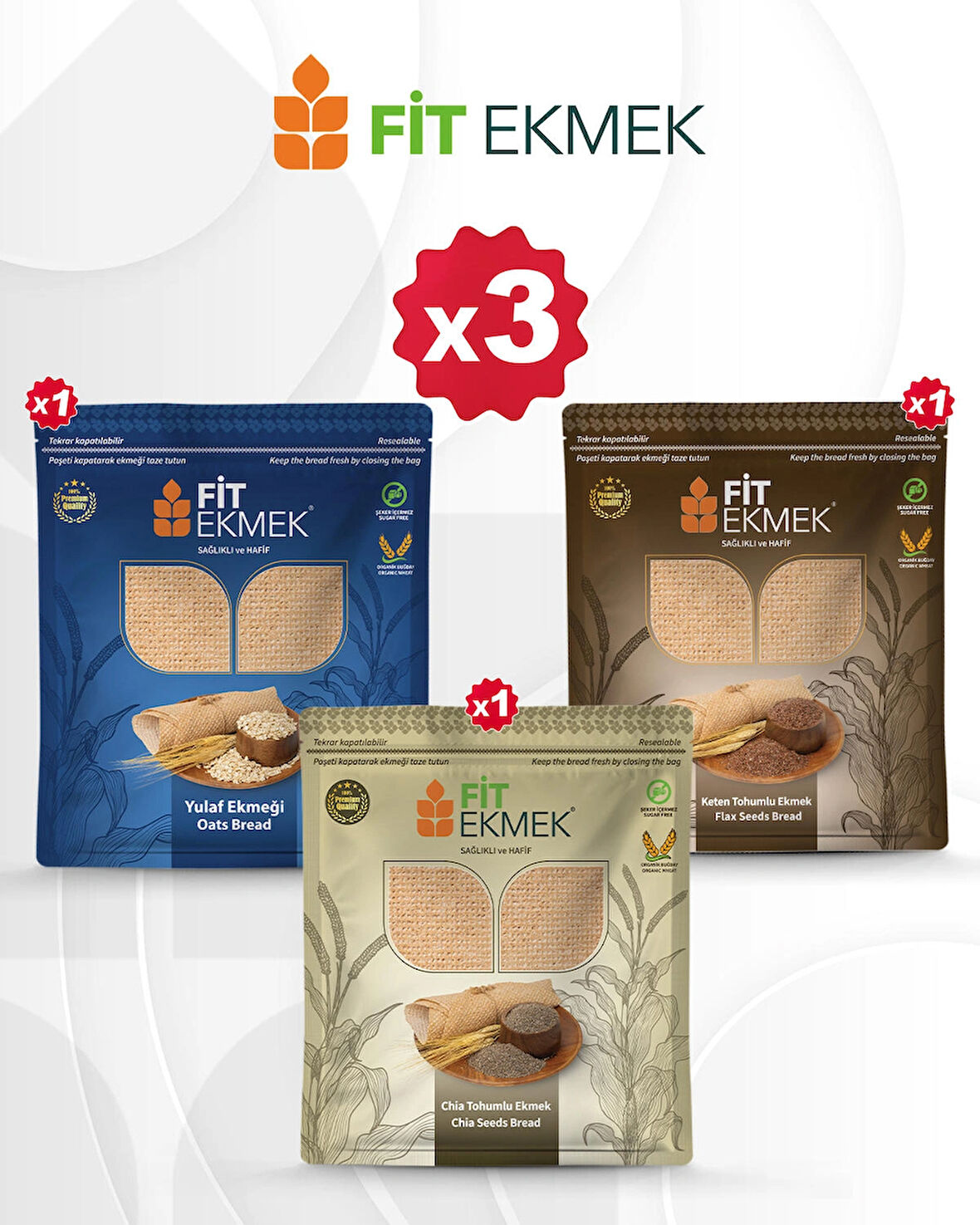 fit Yulafli Lavaş Ekmeği 300gr, Keten Tohumlu Lavaş Ekmeği 300gr ve Chia Lavaş Ekmeği 300gr