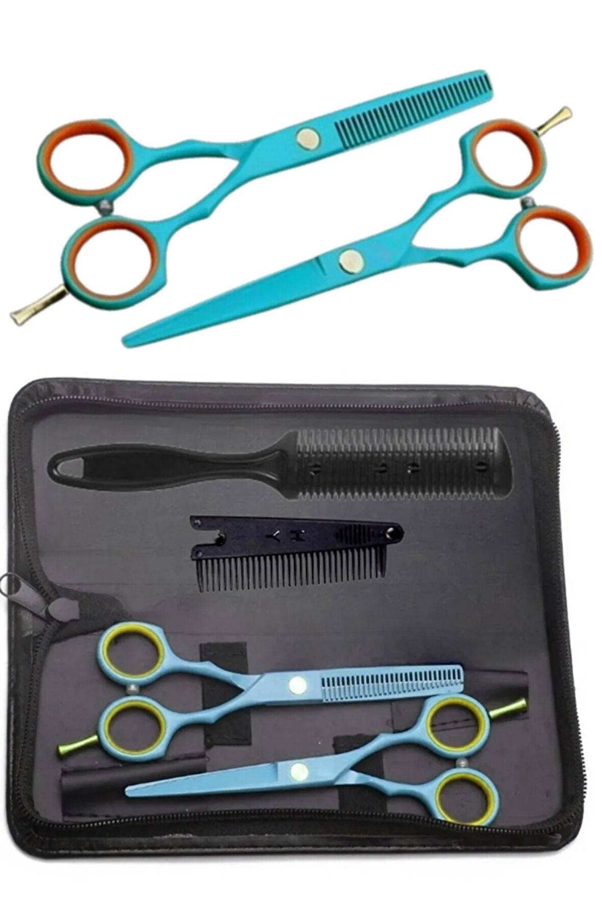 Turkuaz Deri Çantalı 5.5 inç Düz ve Ara Saç Kesim Makas Seti XLQ751