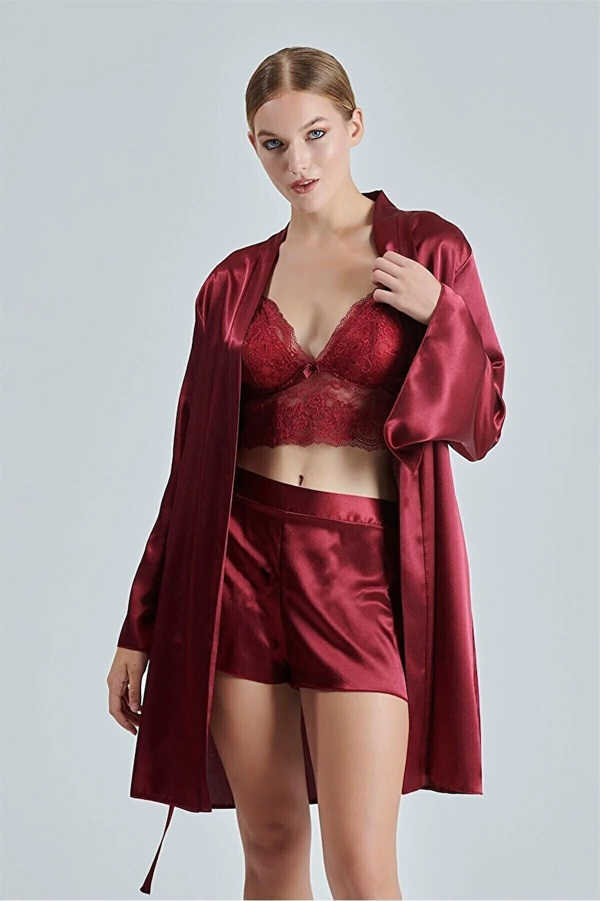 Kadın Bordo Saten Çeyiz Seti 6 Parça Dantelli Sabahlık Gecelik Pijama Şortlu Takım