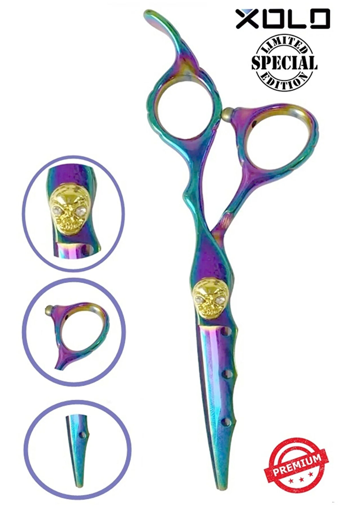 Rainbow Skull Kurukafa Detaylı Dış Bükey Saç Kesim Makası Salon Profesyonel Kuaför XLQ578B