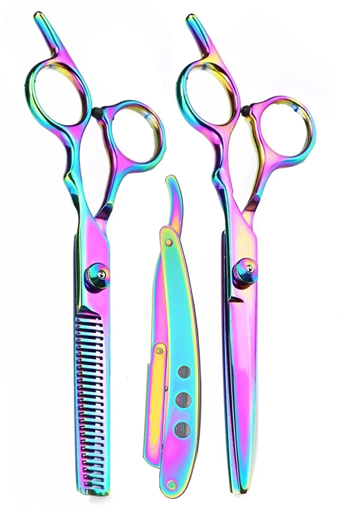 Deri Çantalı 3 Parça Berber Kuaför Makas Seti Rainbow Set Usturalı