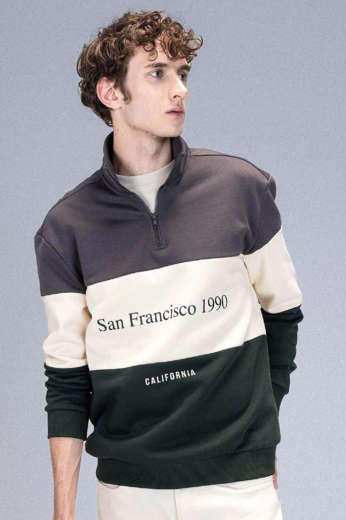 DeFacto Relax Fit Dik Yaka Fermuarlı Baskılı Kalın Sweatshirt D2562AX24AUAR63