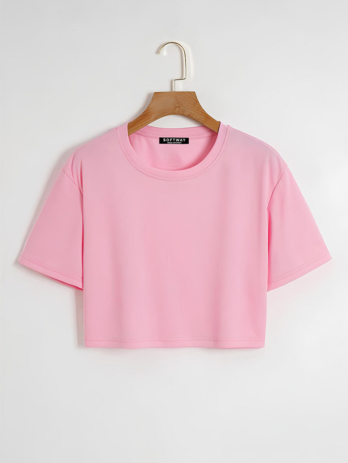 Kadın Oversize Bisiklet Yaka Düz Crop T-shirt - PEMBE