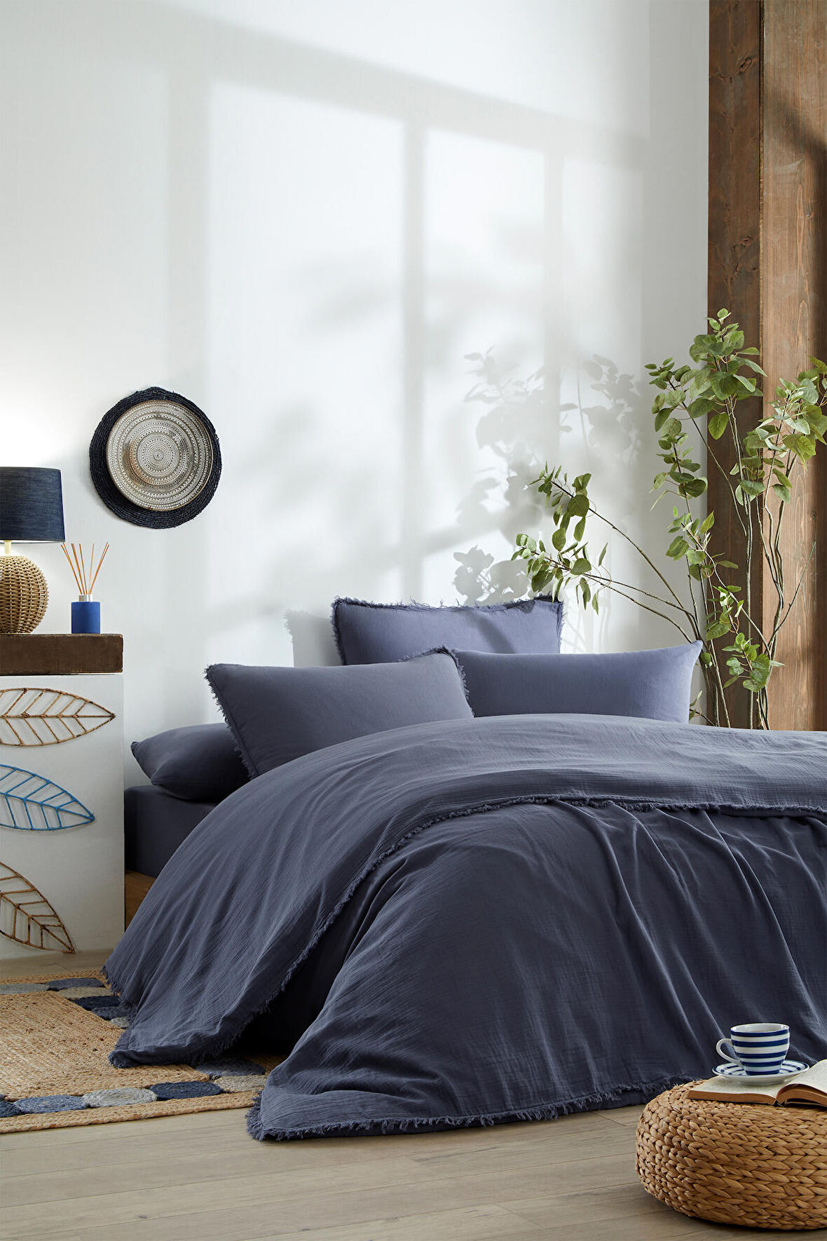 Özdilek Sofia Battal Boy Lastikli Fitted Çarşaf Müslin Nevresim Takımı İndigo