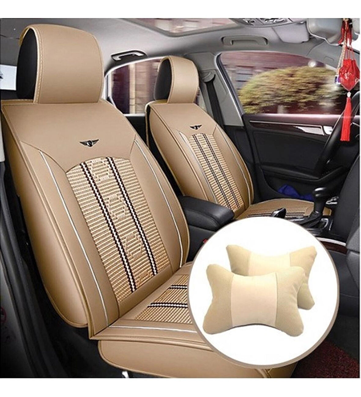 Kia Carnival Uyumlu bej 2li koltuk başlığı kaliteli suni deri spor yastık araca özel set 