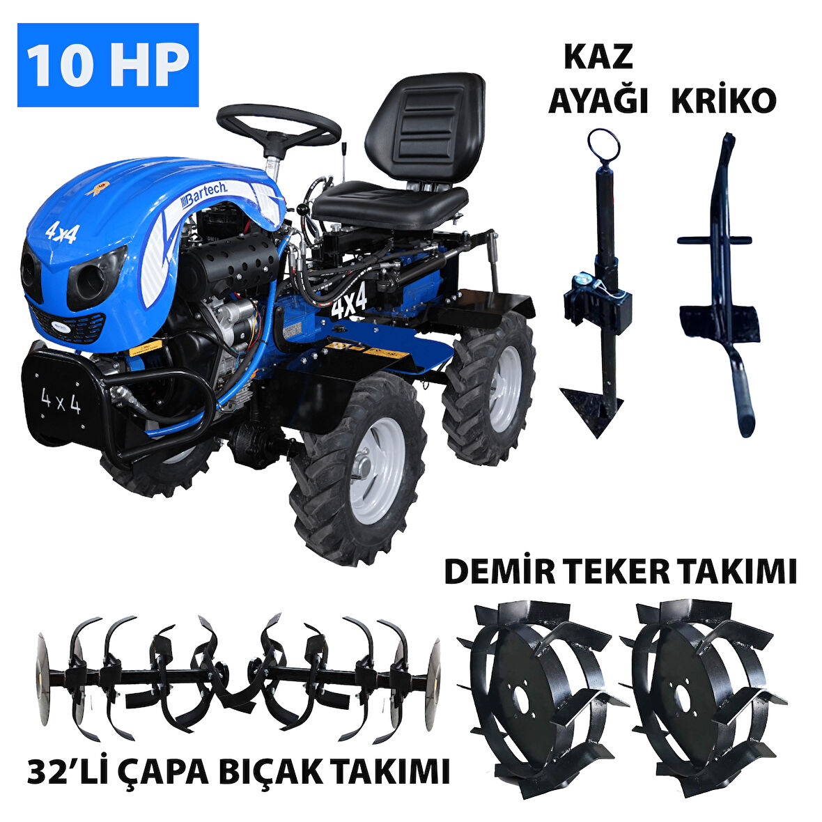 Bartech 4X4 Dizel Marşlı Mini Traktör Çapa Makinesi 10 Hp