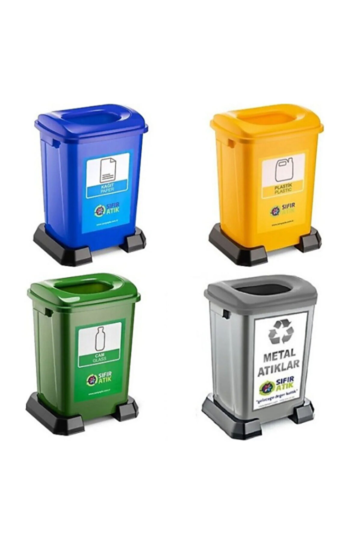 4 Lü Geri Dönüşüm Kutusu Kağıt Atık Plastik Atık Cam ve Sıfır Atık Kutuları 50 Lt