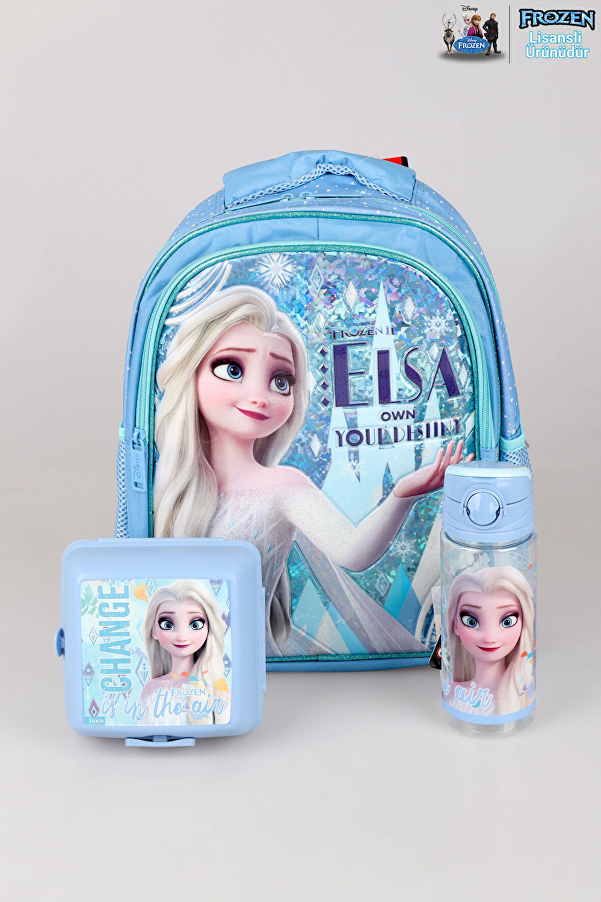 DEKOMUS LİSANSLI ELSA FROZEN OWN YOUR DESTIN "OKUL ÇANTASI,BESLENME KABI VE 500 ML TRITAN MATARA OKUL SETİ 