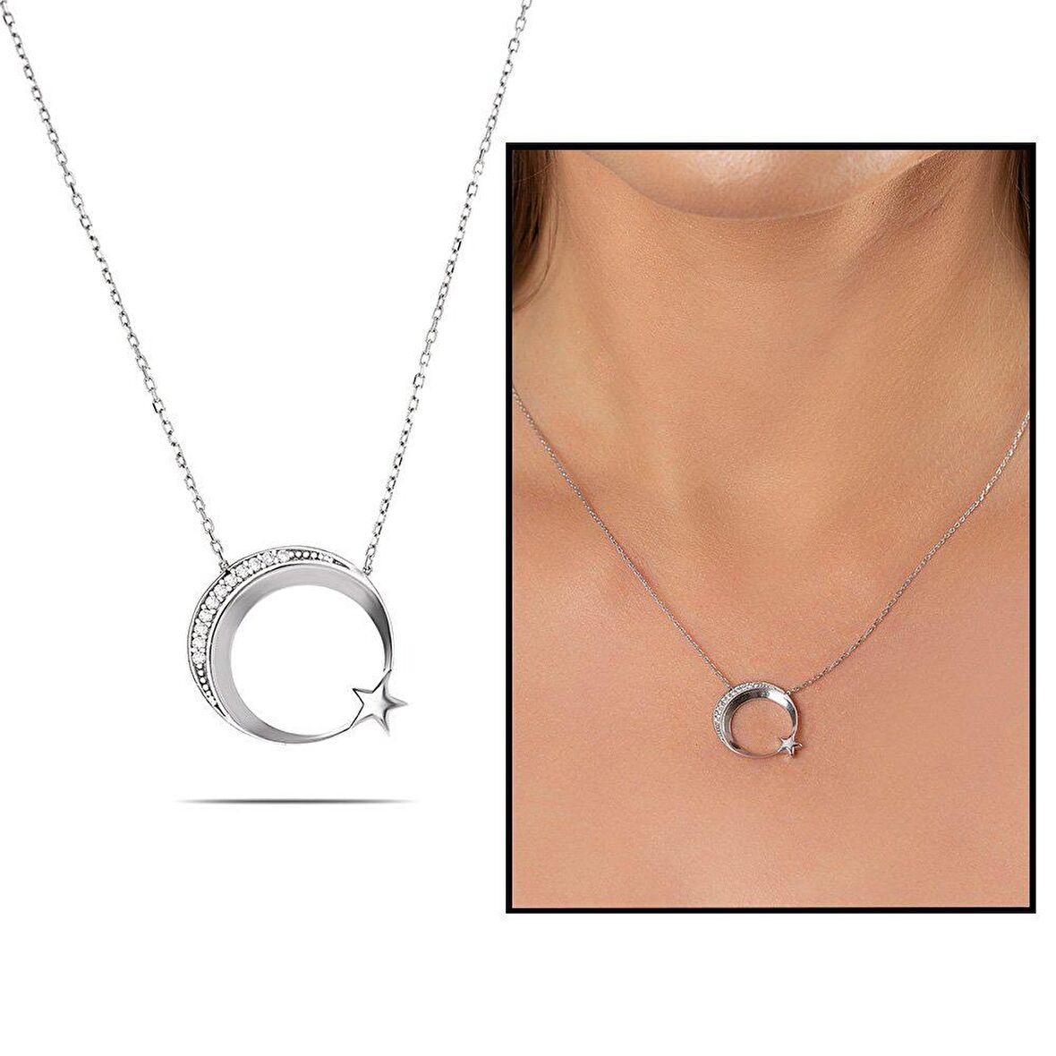 Beyaz Zirkon Taşlı Ayyıldız Tasarım 925 Ayar Gümüş Kadın Kolye