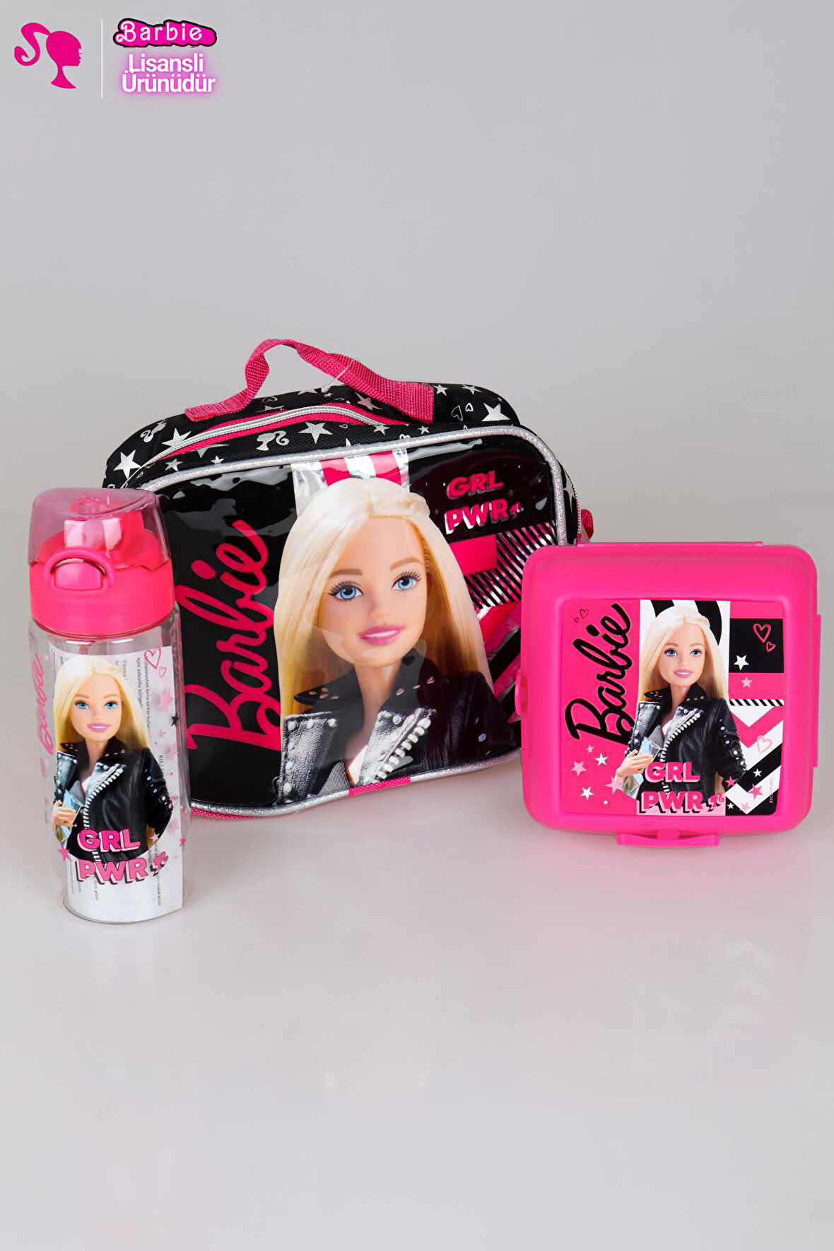 DEKOMUS İLE YENİ SEZON  LİSANSLI BARBIE GIRL POWER BESLENME ÇANTASI,500 ML MATARA VE BESLENME KABI SETİ