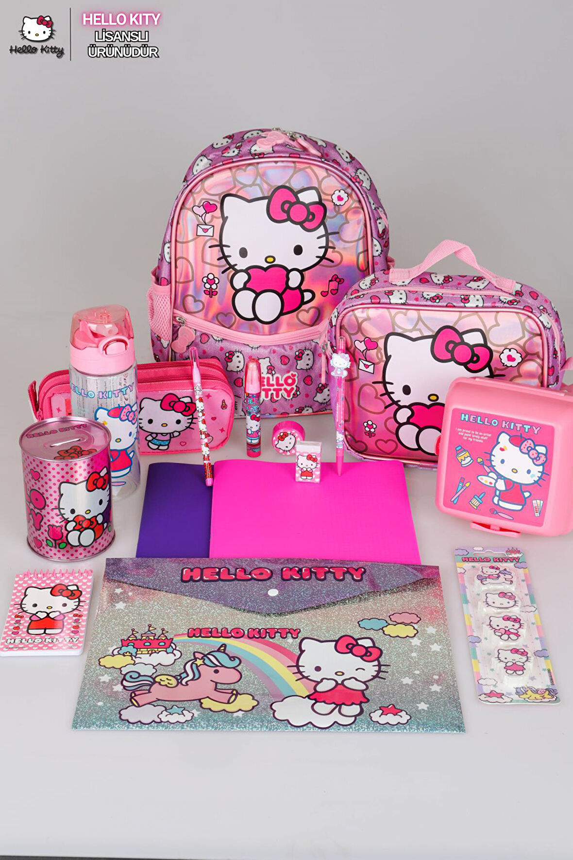 TEK BÖLMELİ KÜÇÜK BOY 32 CM HELLO KITTY ANAOKUL,BESLENME VE KALEM ÇANTASI İLE BESLENME KABI,MATARA KIRTASİYE OKUL SETİ