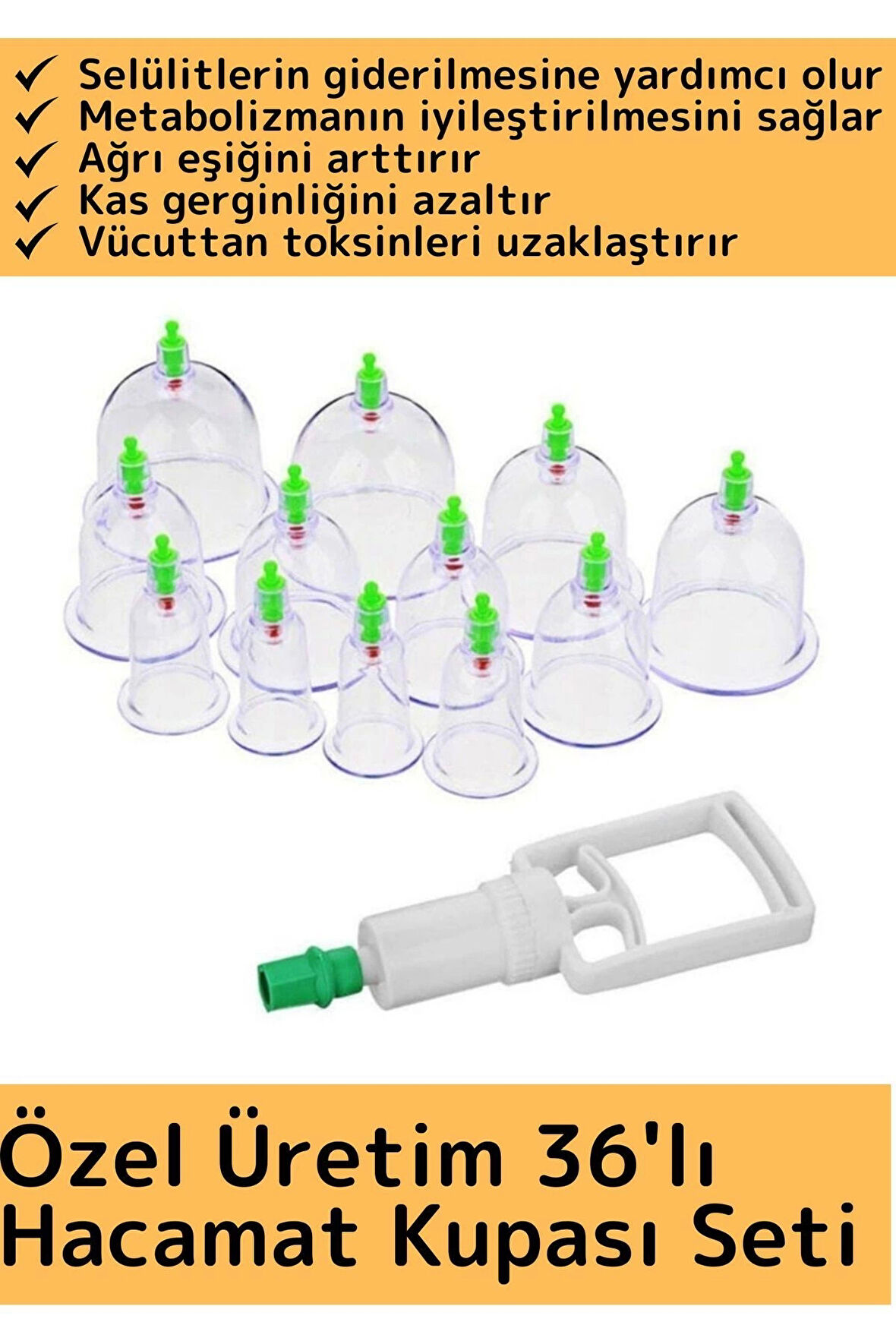 Özel Üretim Yüksek Kaliteli Selülit Çatlak Giderici Vakumlu 36'lı Hacamat Kupası Seti