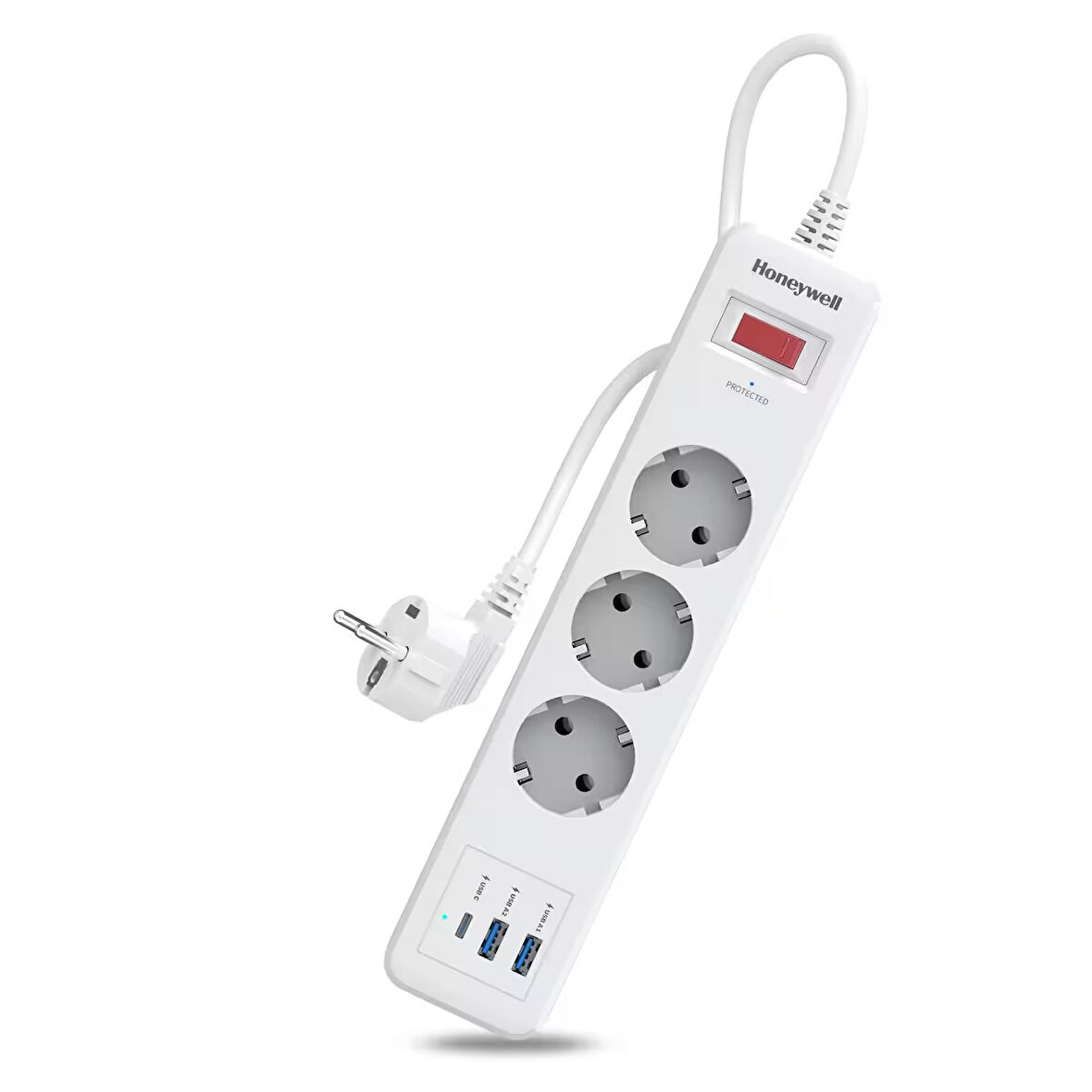 Honeywell 3'lü Akım Koruyucu Priz 2x USB-A + 1x USB-C 20W PD - Beyaz