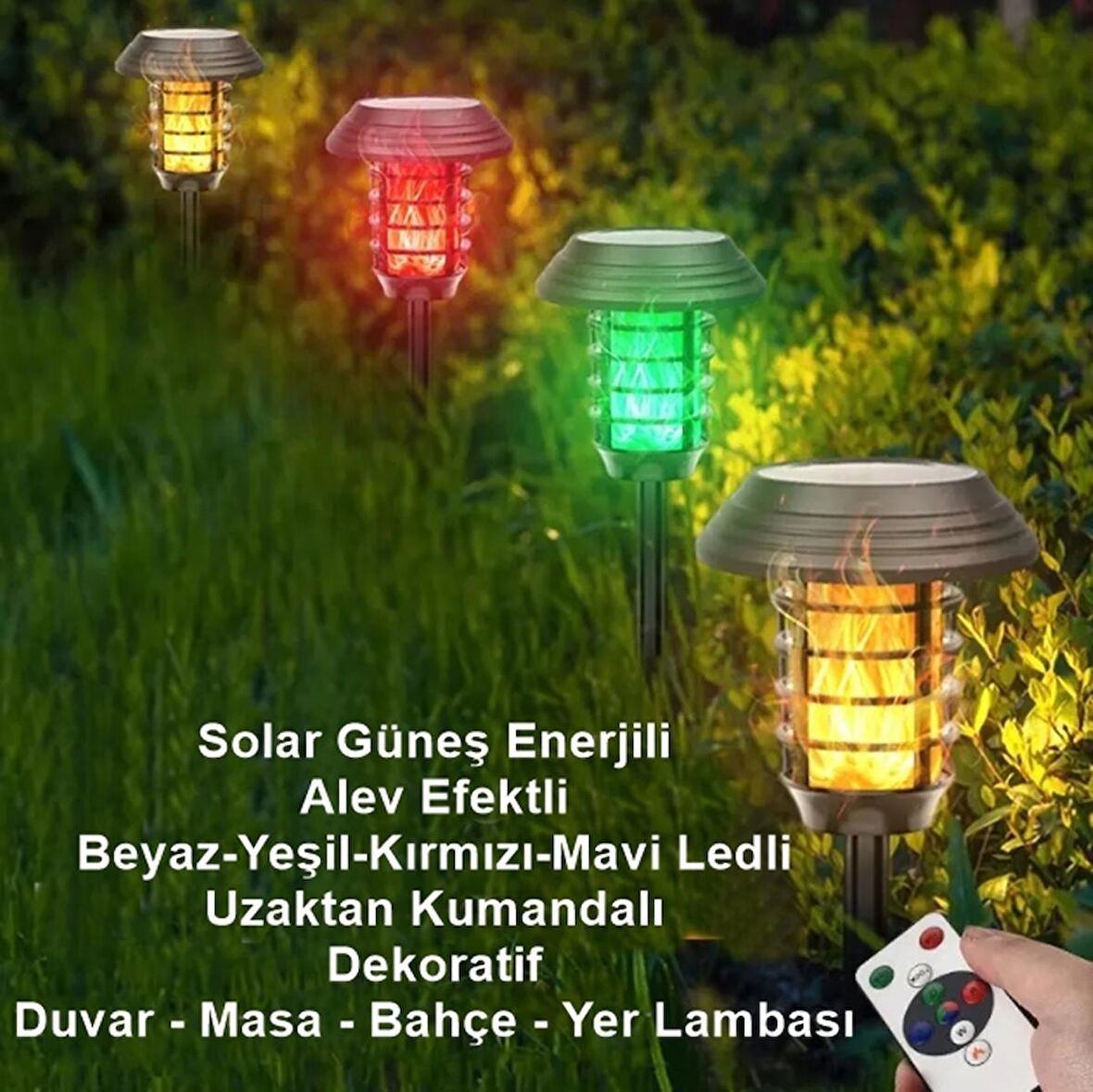 Gaman 4 Adet Güneş Enerjili Dekoratif Duvar Bahçe Yol Aydınlatması RGB Beyaz Kırmızı Mavi Alevli Solar Led Kumandalı