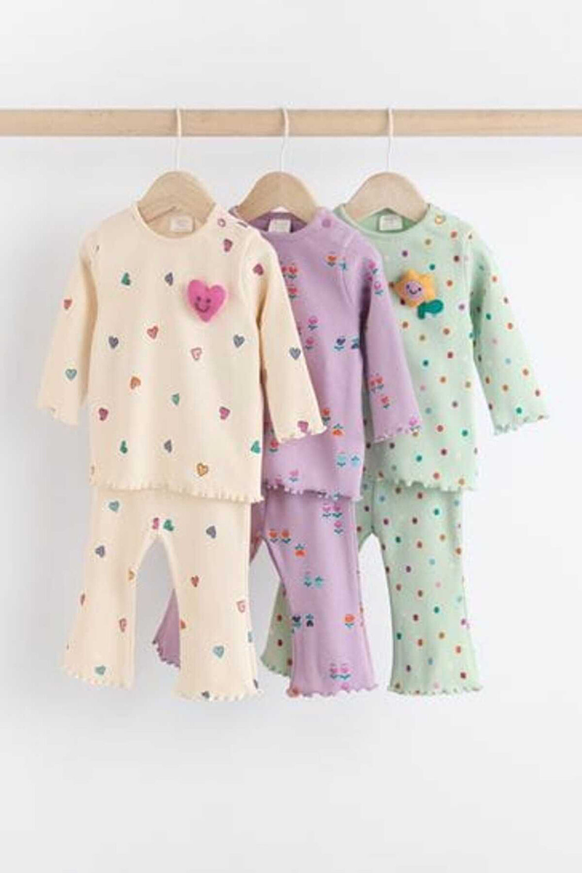 Next Baby Krem Lila Kalp Çiçek Desenli Uzun Kollu 3'lü Alt Üst Takım