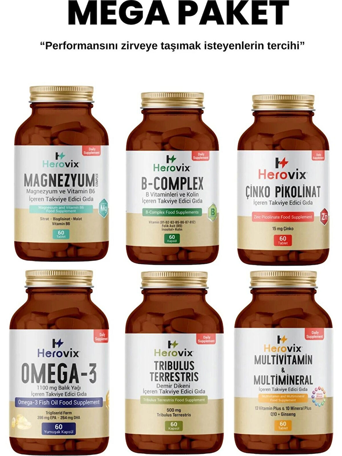 Herovix Sporculara Özel 6'lı Mega Paket (Omega3, Magnezyum, Multivitamin, Çinko, B Complex, Tribulus)