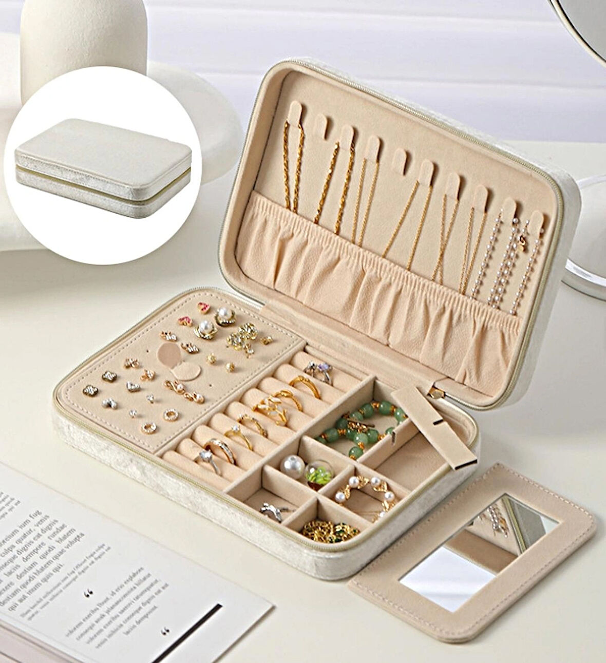 GMN-2 Lüx Kadife Mücevher Takı Kutusu - Yüzük küpe Altın Kolye Takı Organizeri / Aynalı ( BEYAZ )