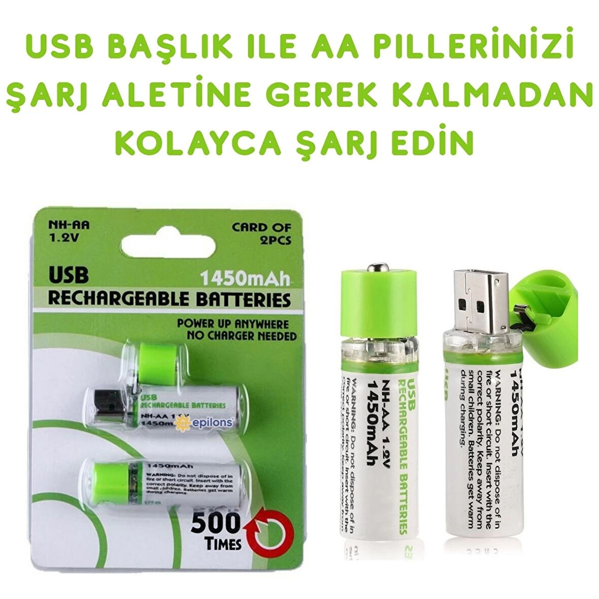 Usb Şarjlı 1450mah Aa 1.2v Lityum Kalem Pil 2 li Set Dönüşümlü Batarya