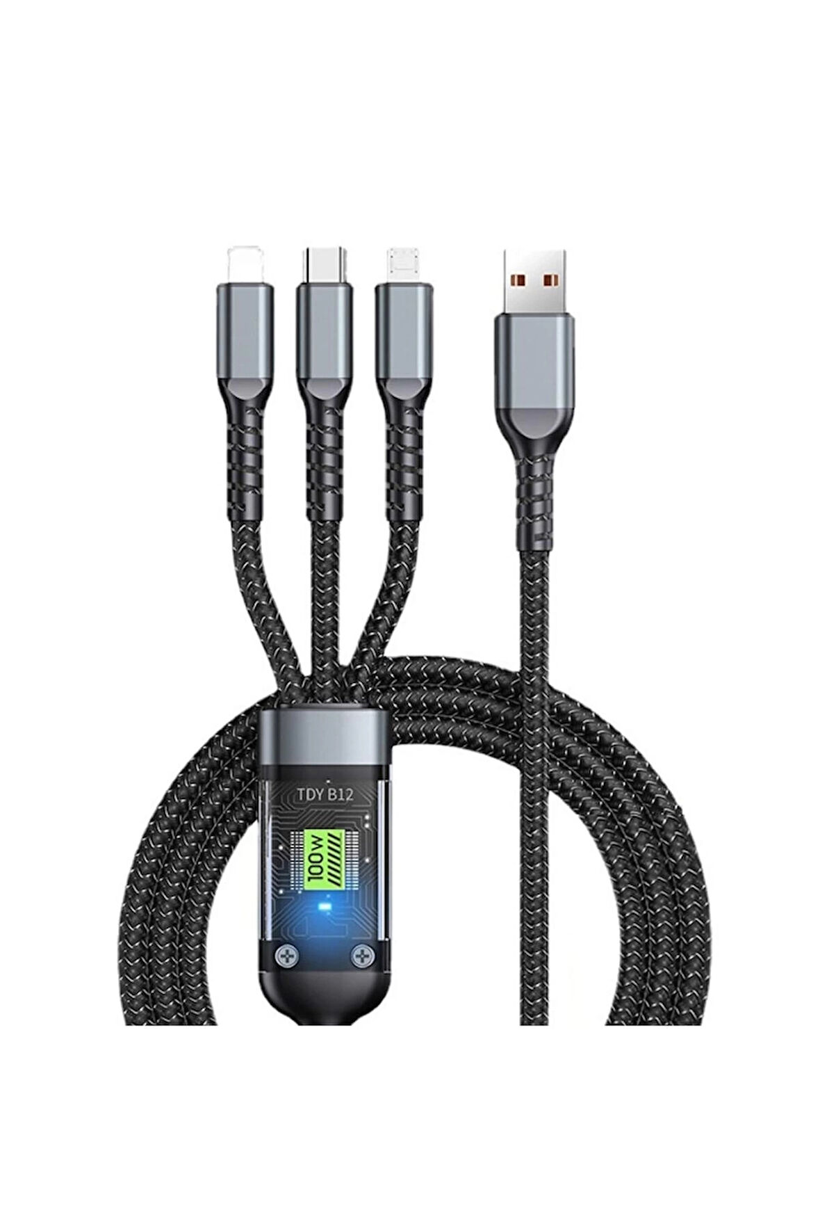 3in1 100w Hızlı Şarj Ve Data Kablosu, 1.2m Halat Örgü Kırılmaz Uç, Usb-c Lightning Micro Uyumlu, Dayanıklı Çoklu Cihaz Şarj Kablosu