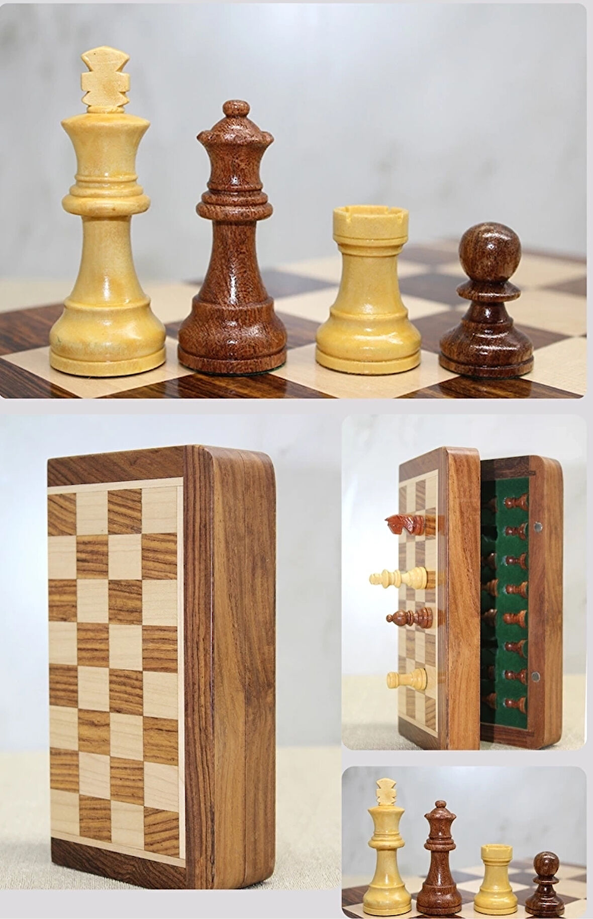 Özel Vernikli Mıknatıs Taşlı Ahşap Katlanabilir Kutulu Satranç Oyunu 12.5 Cm G220