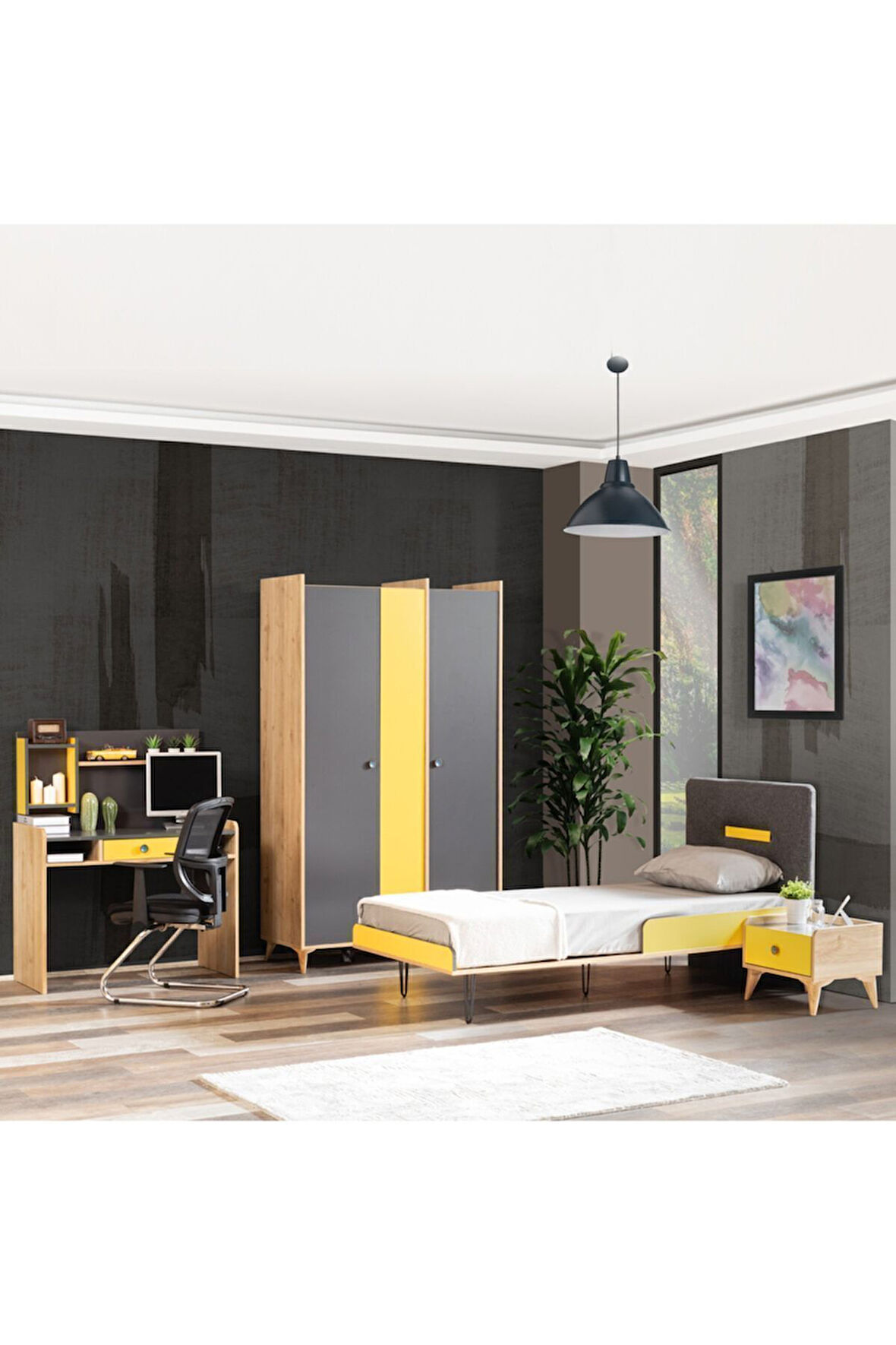 Tarz Genç Odası - 3 Kapılı Dolap, Karyola, Komodin, Masa