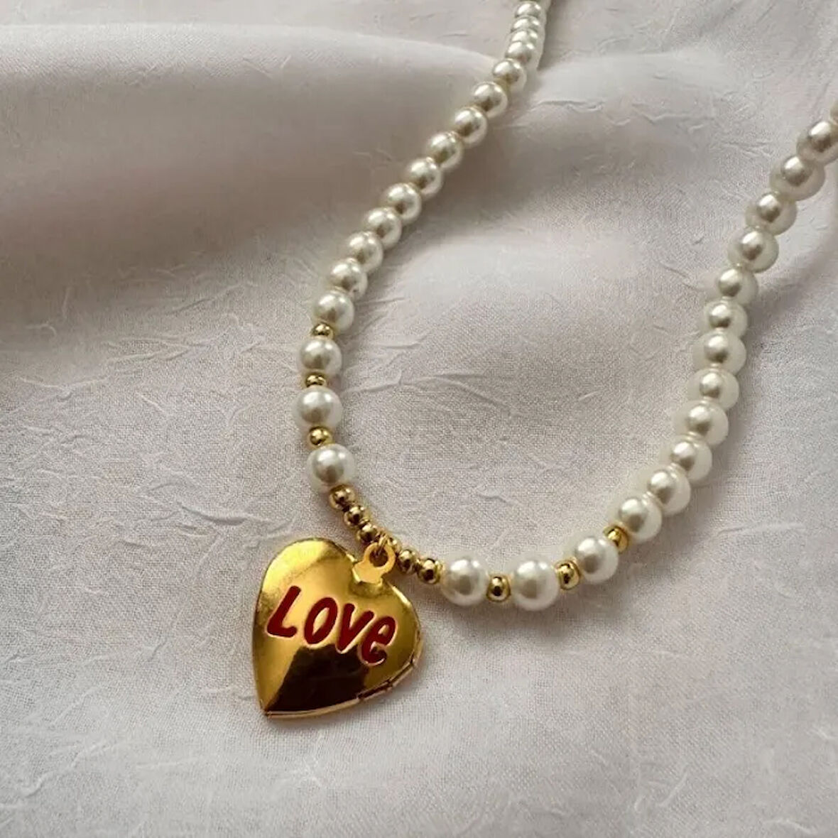 Uretti - Ayşe 5609 - 0188 Cam İncili Tasarım Aşk Kolye - Love