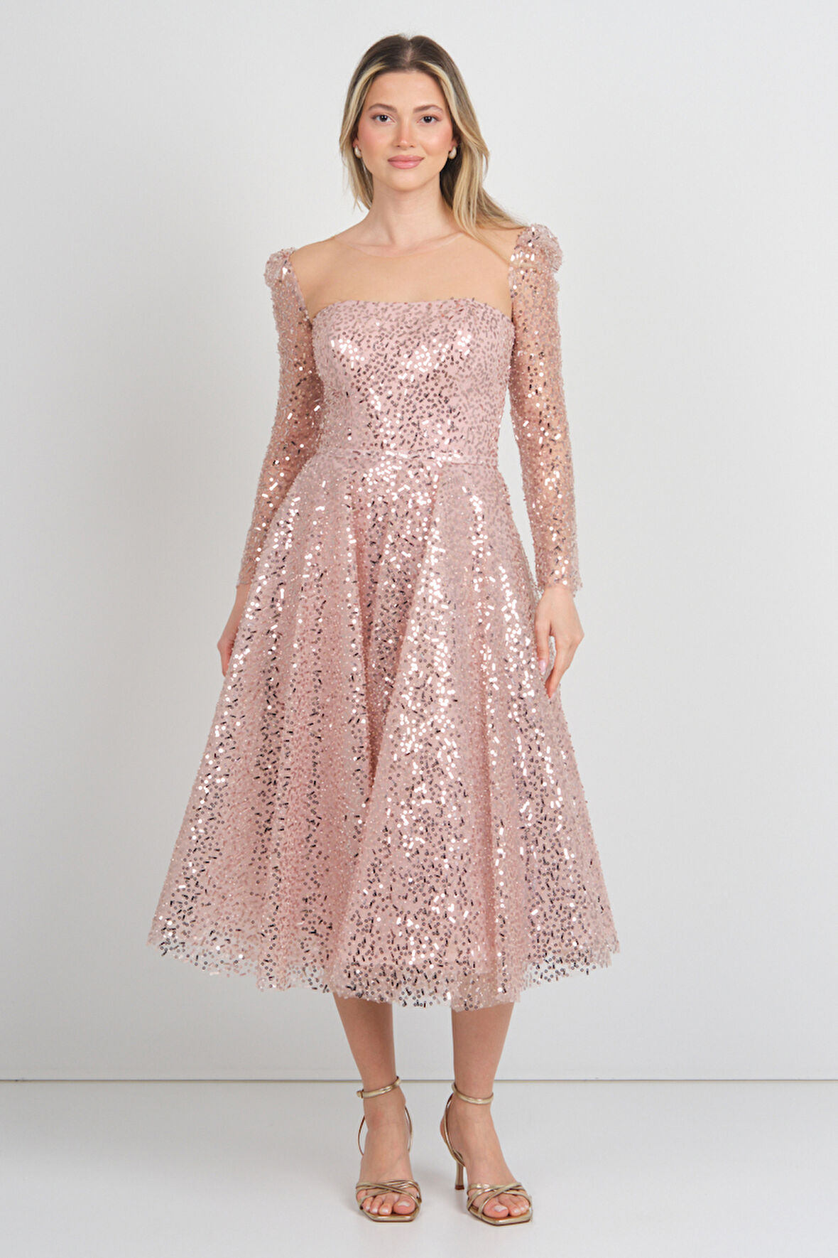 Ömür Inn Kadın Full Pul Payet Uzun Kollu Midi Abiye Elbise 3024 Pudra