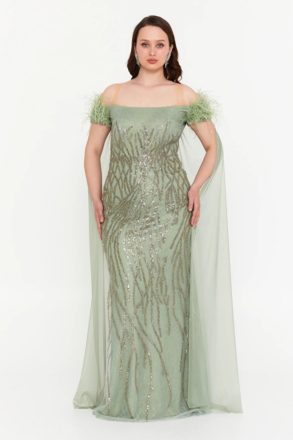 Ömür Inn Kadın Büyük Beden Düşük Omuz Pelerin Detaylı Abiye Elbise 4260 Çağla